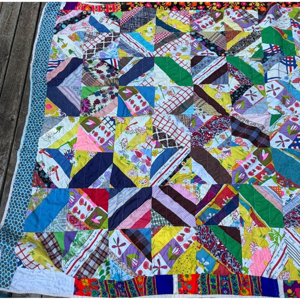 Vintage Handmade Crazy Quilt Patchwork Multi Color Mixed Pattern Folk Art Throw
